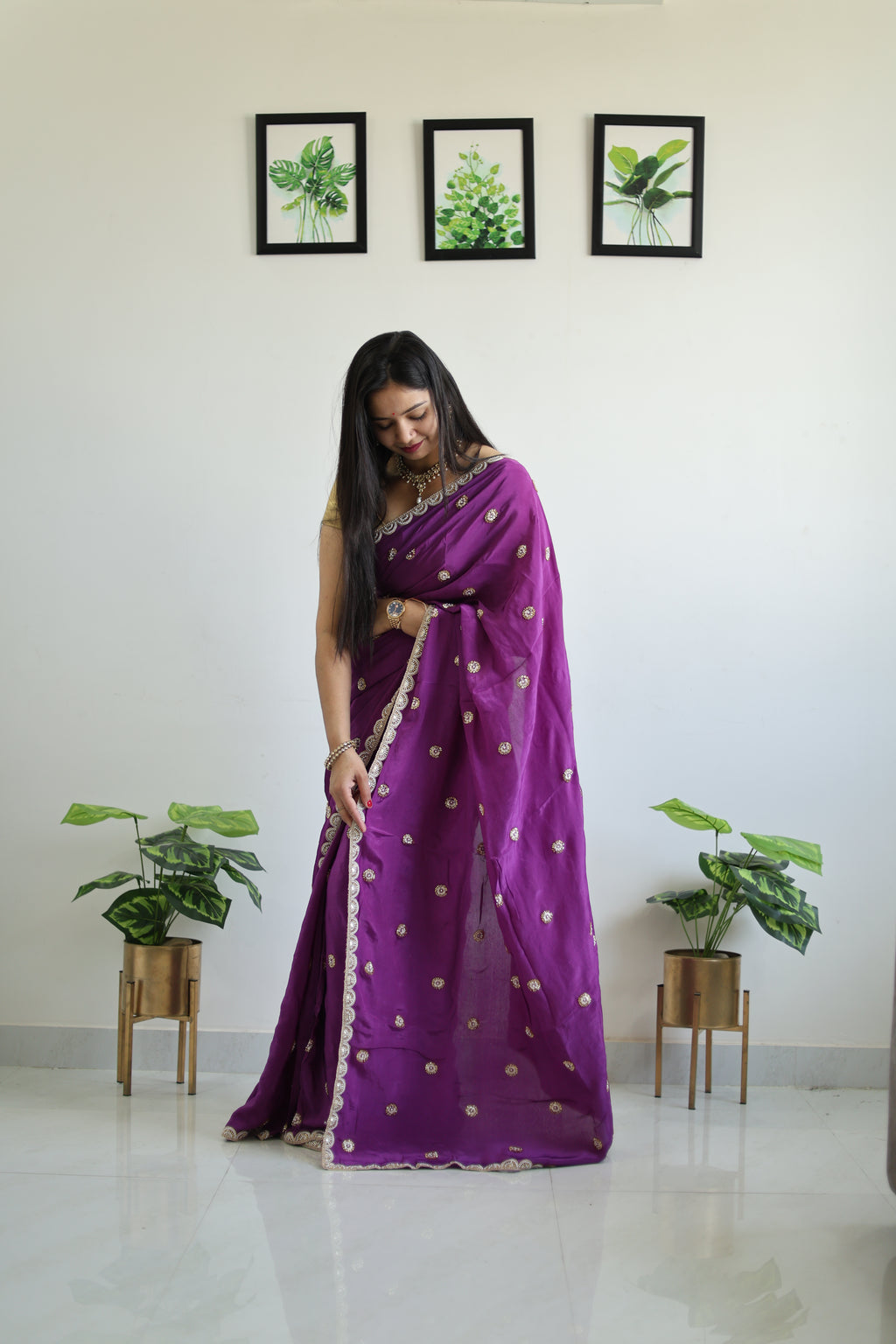 Kinari Rani Pink Georgette Saree with Gold Buti & Lace Border