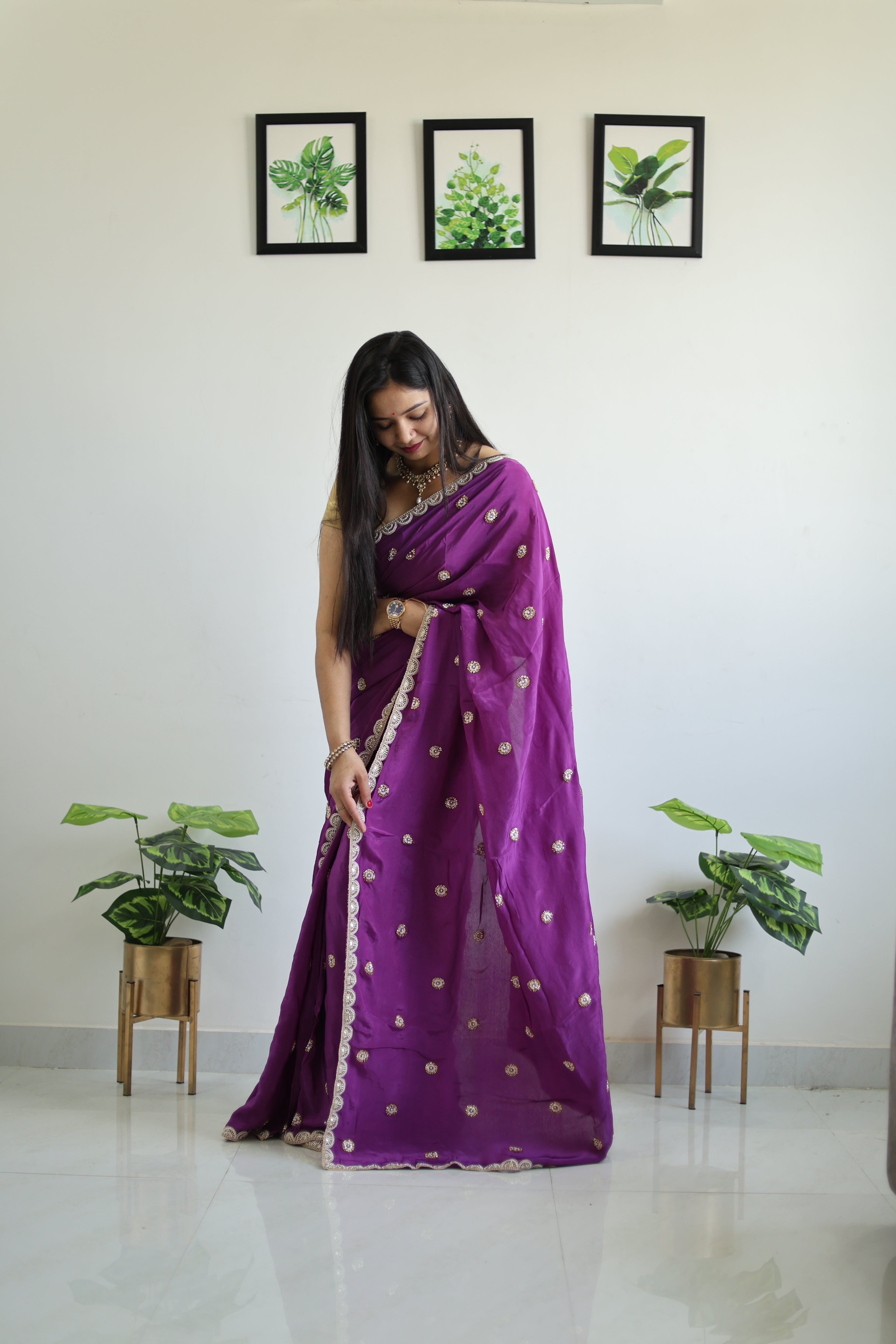 Kinari Rani Pink Georgette Saree with Gold Buti & Lace Border