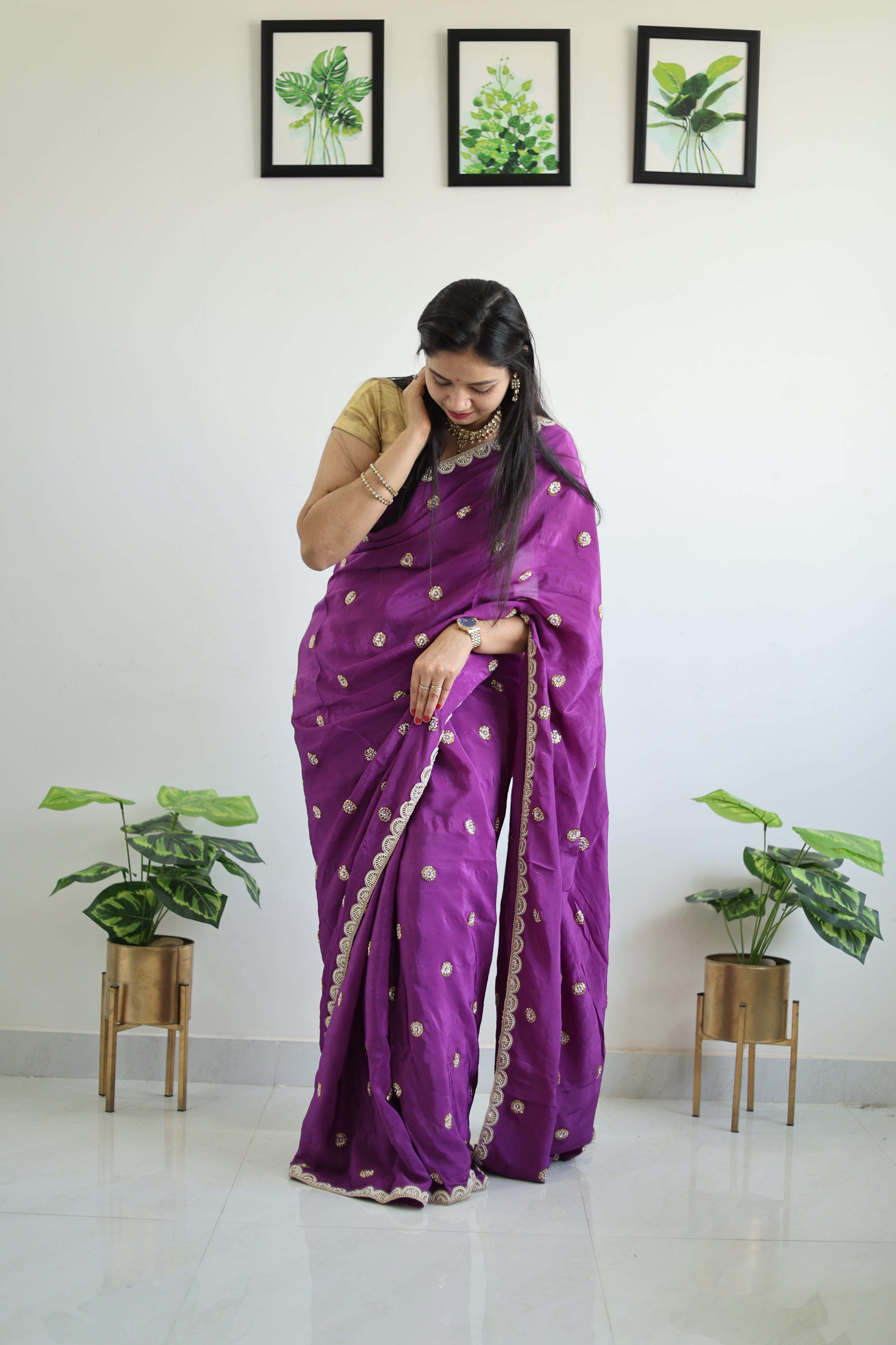 Kinari Rani Pink Georgette Saree with Gold Buti & Lace Border