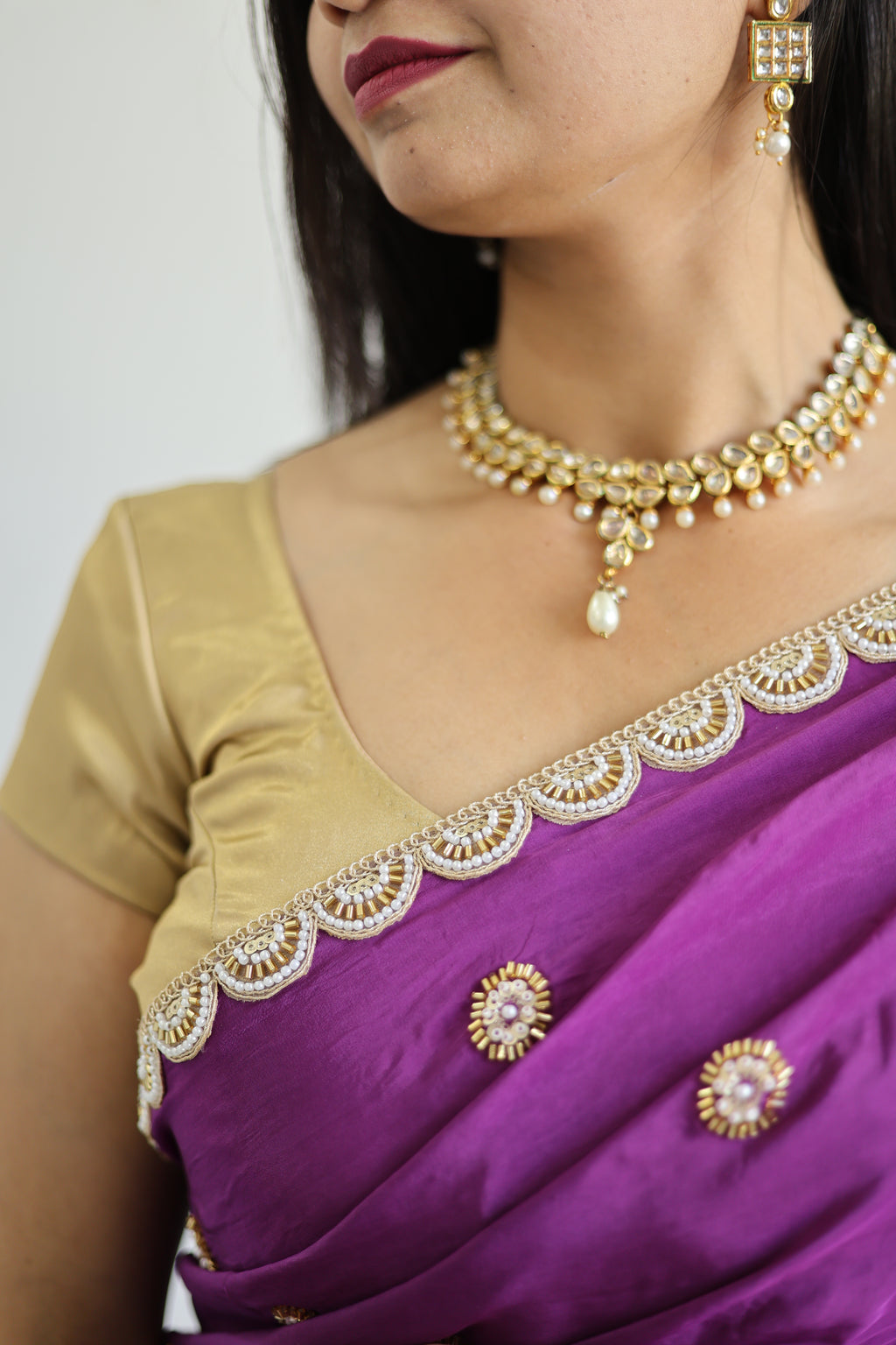 Kinari Rani Pink Georgette Saree with Gold Buti & Lace Border