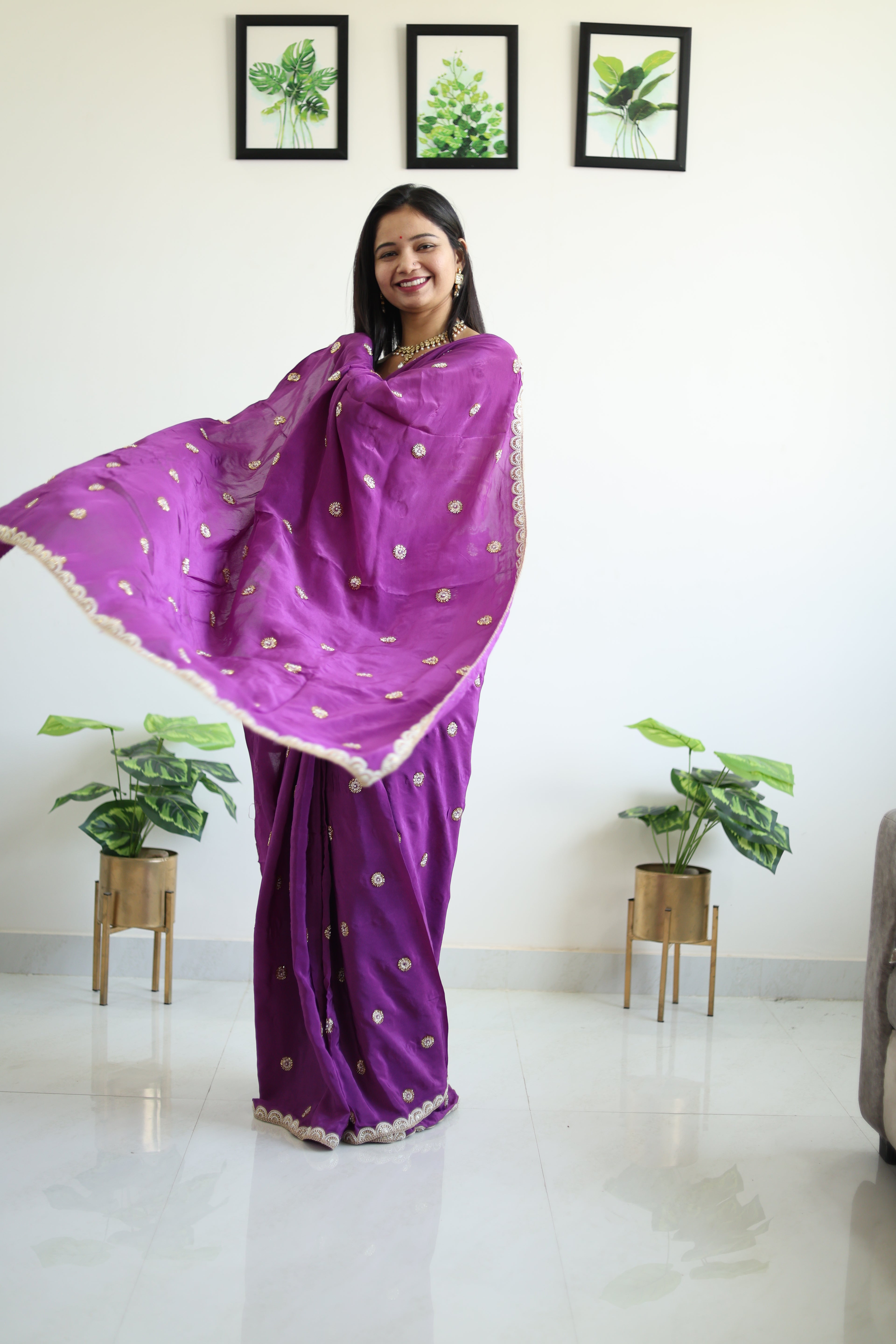Kinari Rani Pink Georgette Saree with Gold Buti & Lace Border
