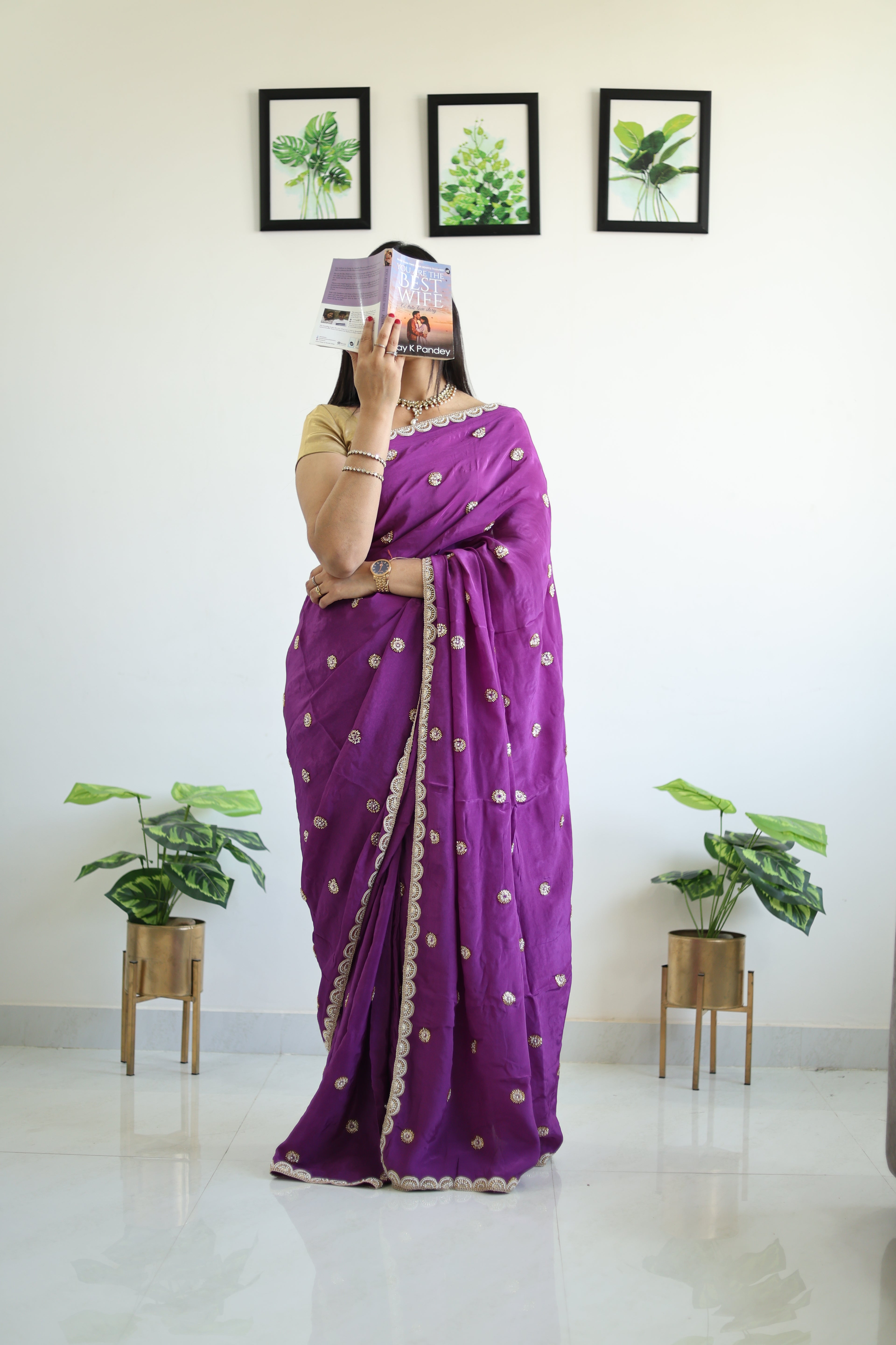 Kinari Rani Pink Georgette Saree with Gold Buti & Lace Border