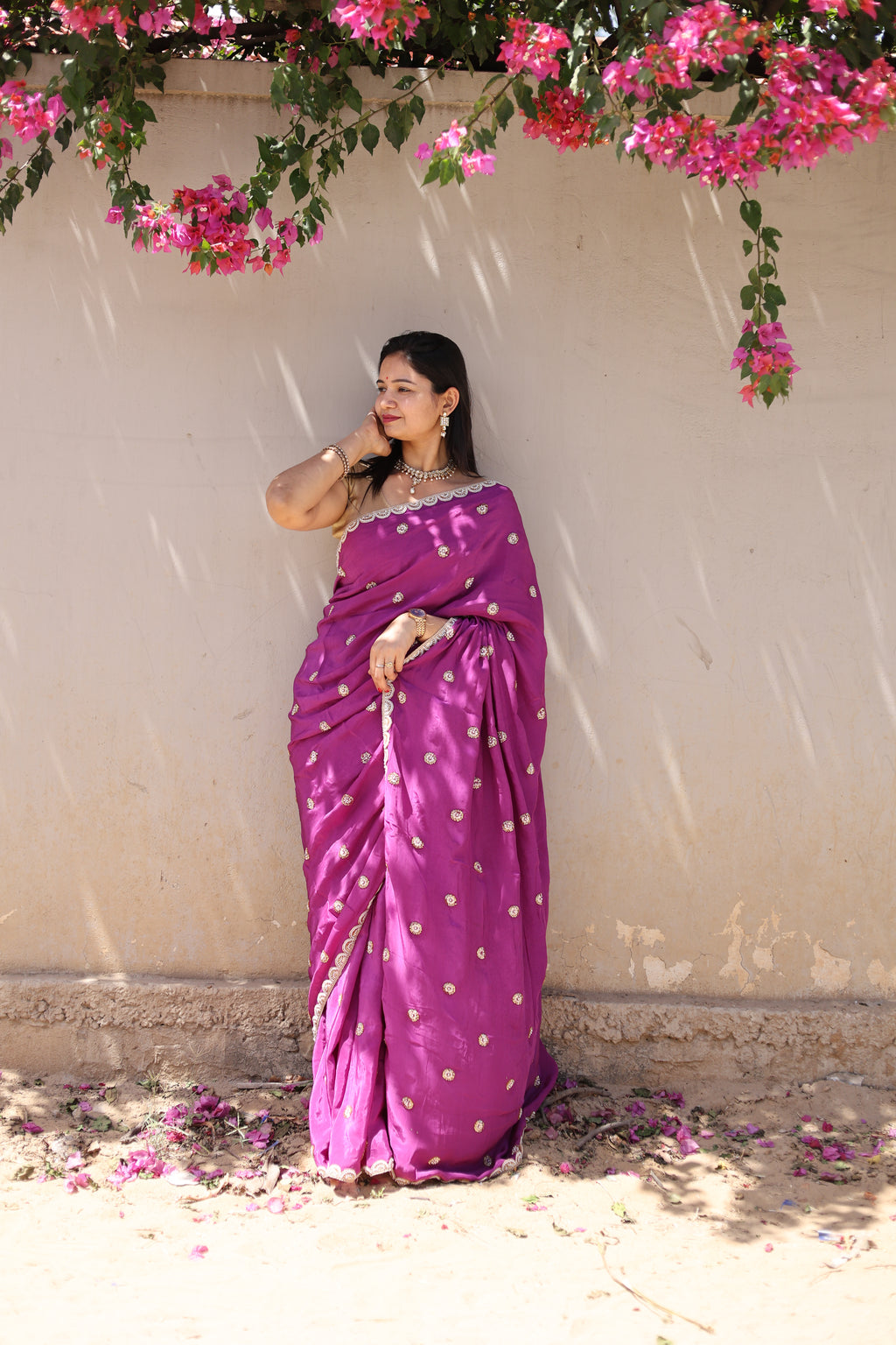 Kinari Rani Pink Georgette Saree with Gold Buti & Lace Border