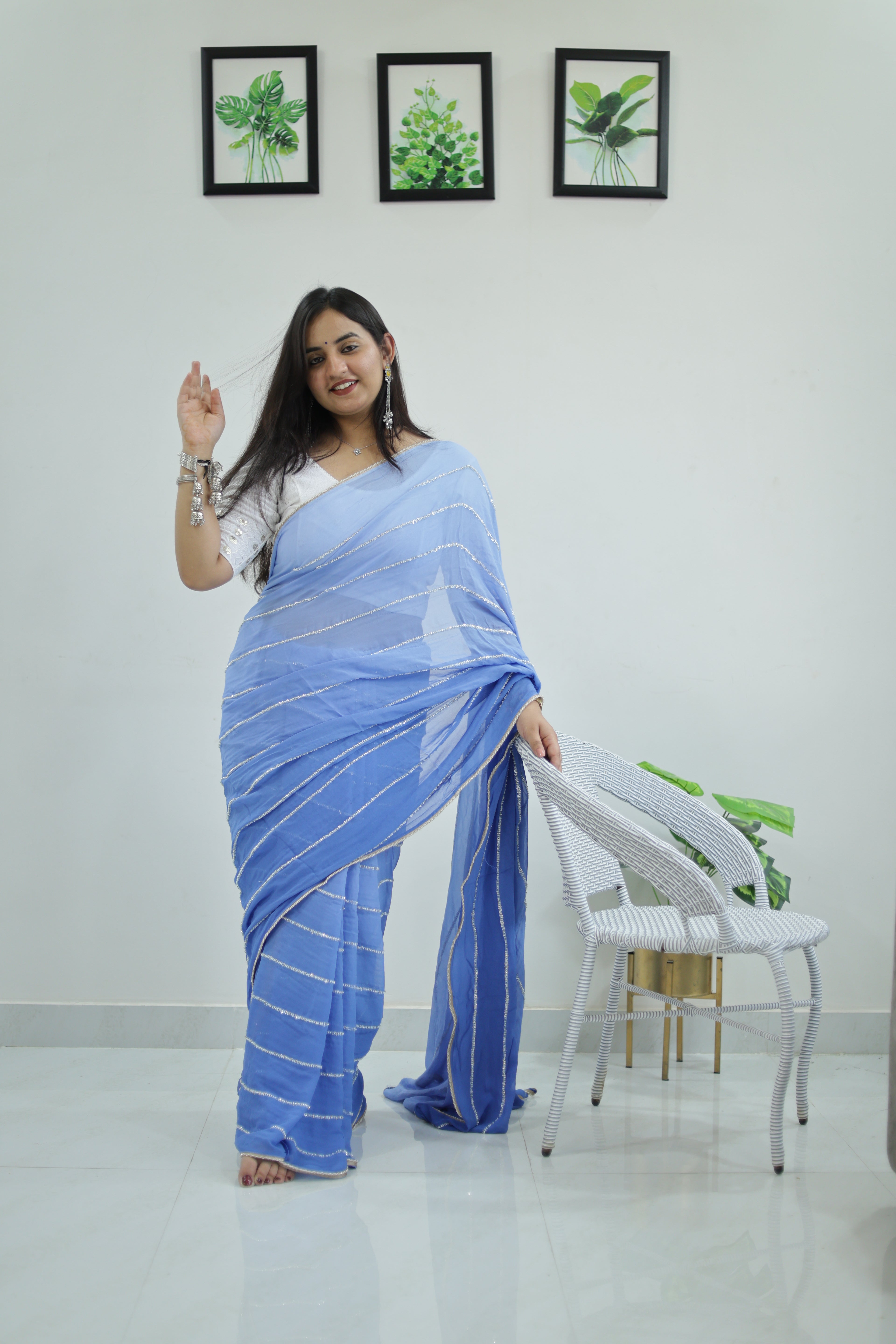Powder Blue Chiffon Saree with Silver Zari Stripes