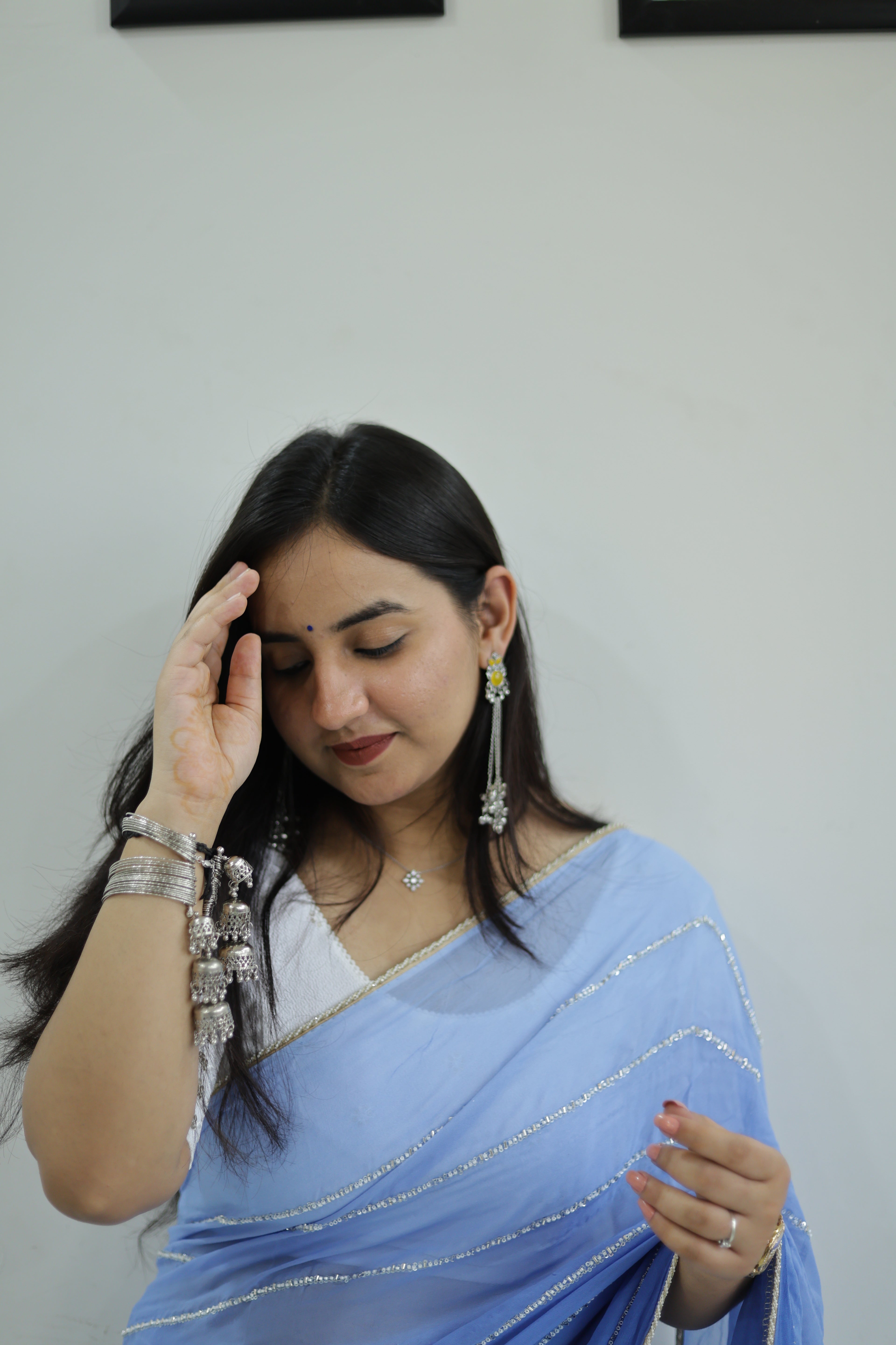 Powder Blue Chiffon Saree with Silver Zari Stripes