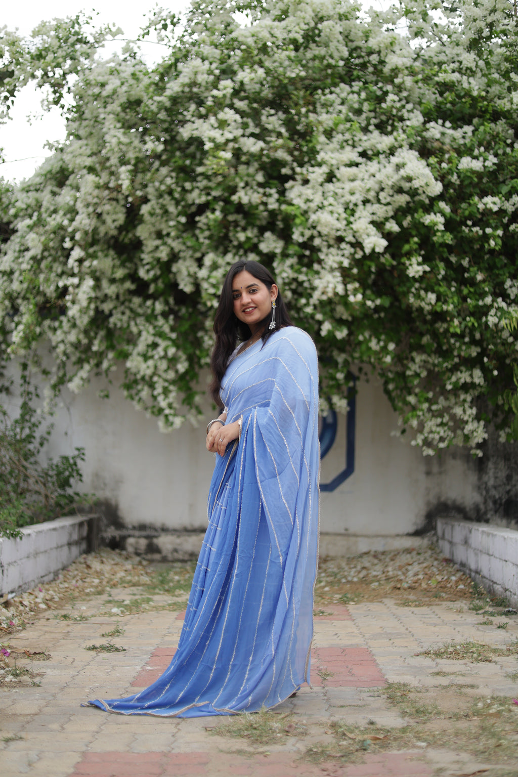 Powder Blue Chiffon Saree with Silver Zari Stripes