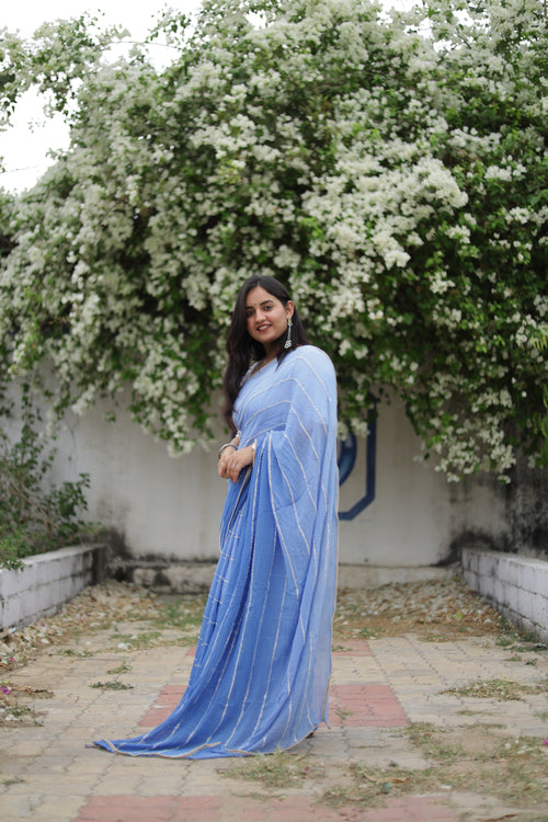 Powder Blue Chiffon Saree with Silver Zari Stripes