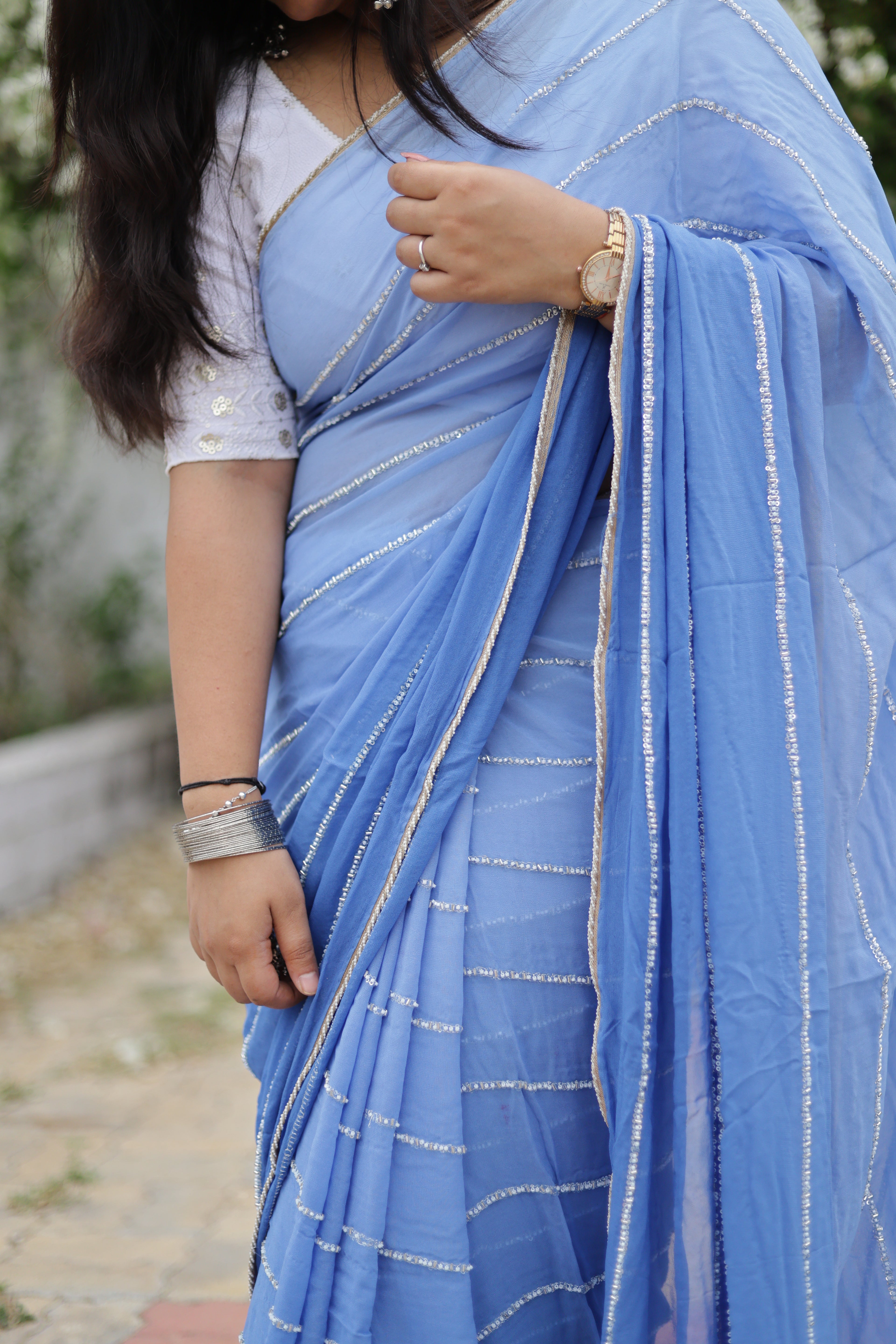 Powder Blue Chiffon Saree with Silver Zari Stripes