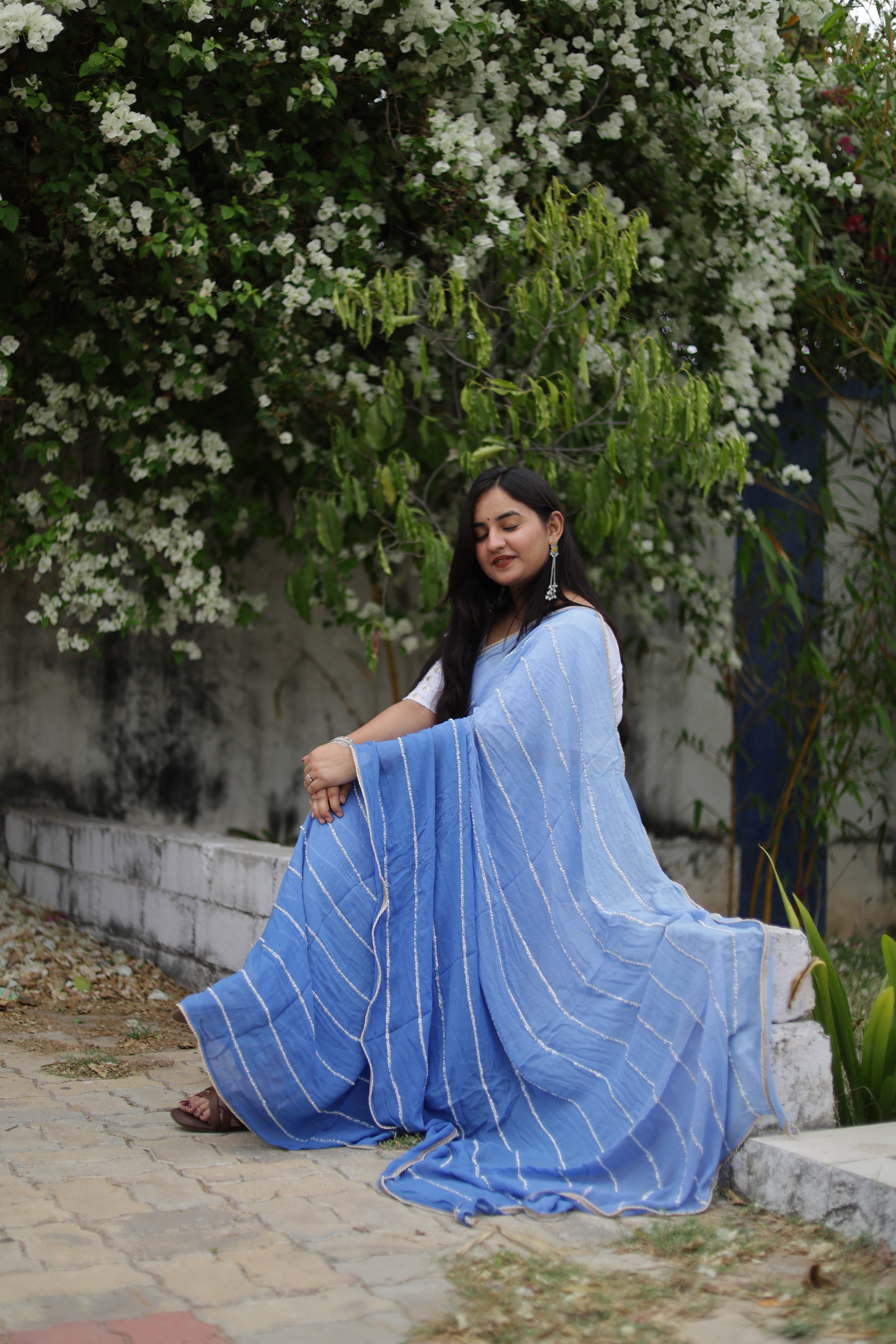 Powder Blue Chiffon Saree with Silver Zari Stripes